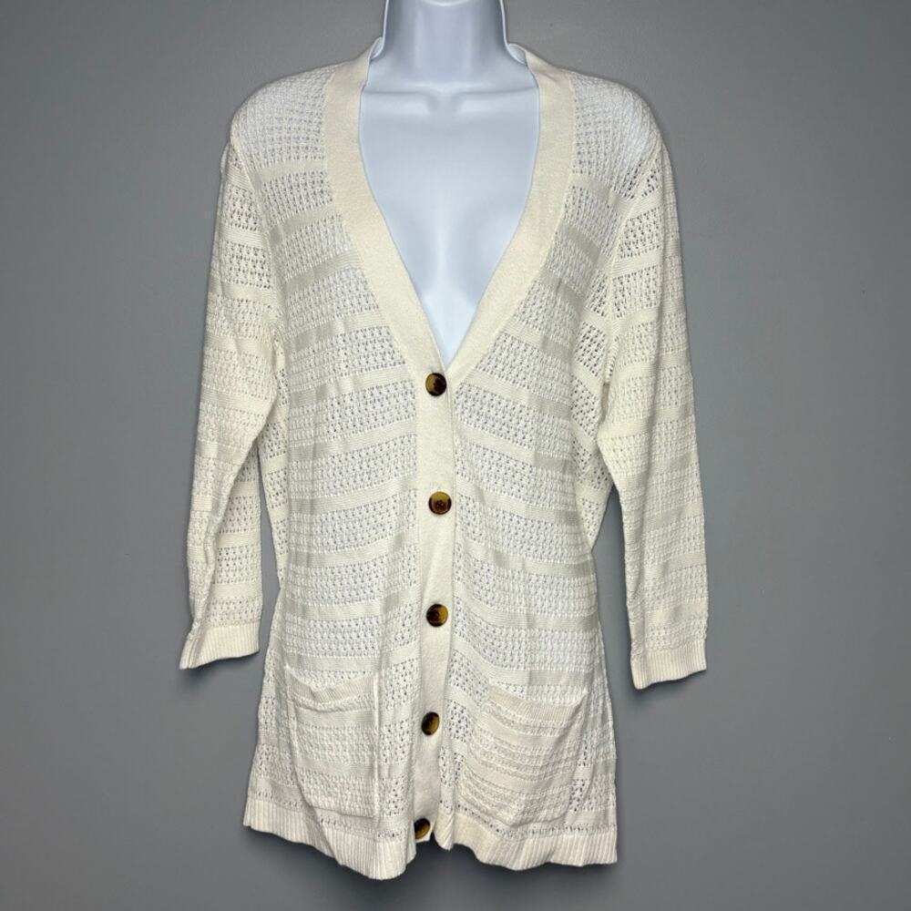 NWT Lands End White Linen Blend Nautical Beachy Open Knit Womens Cardigan Sz L